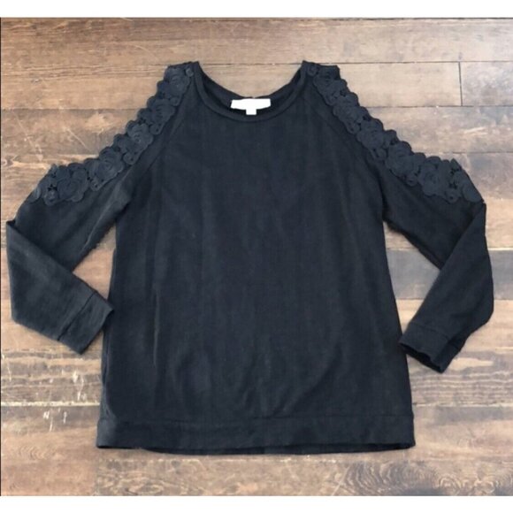 Loft Sz S Black Lace Embroidered Cold Shoulder Light Sweatshirt Top Blouse Women - Picture 4 of 12